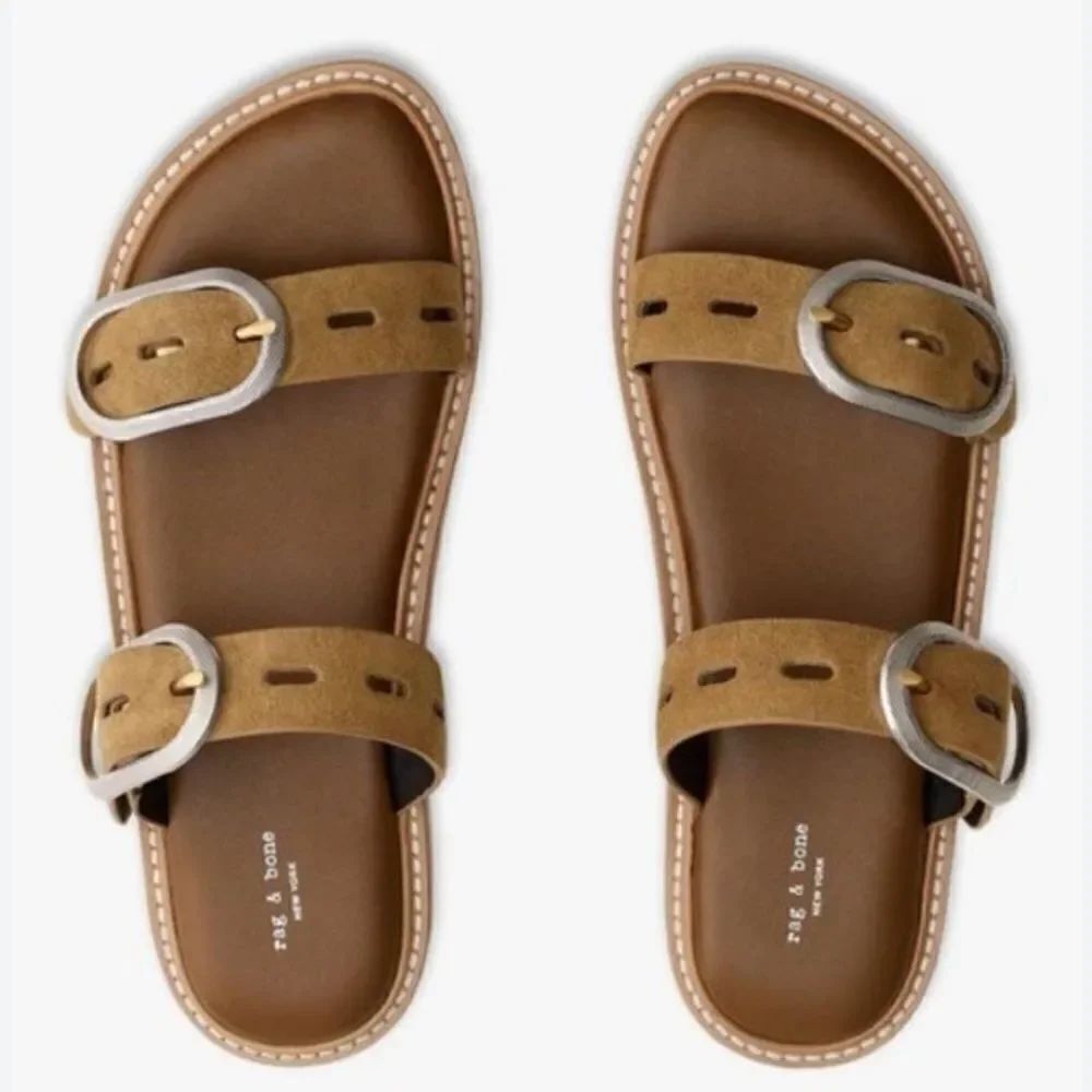 RAG & BONE ANSLEY DOUBLE SUEDE STRAP LEATHER SLIDE TAN SILVER
BUCKLES Sz-39/9